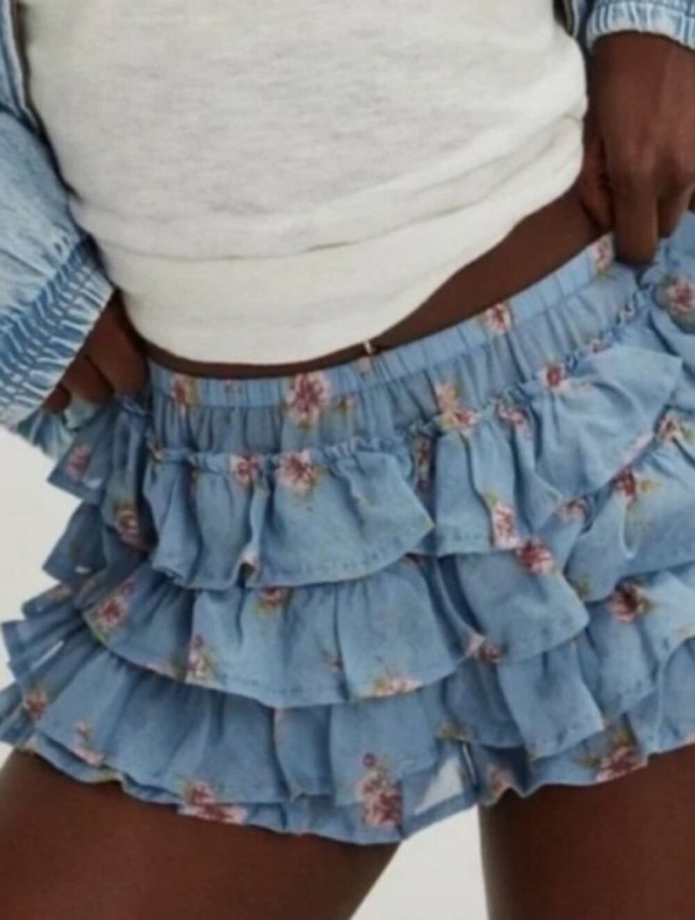 NEW! Free People "Ruffle Up Bloomers" Light Blue Ruffle Floral High-Waist Shorts - Picture 13 of 14